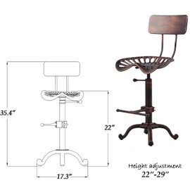 Diwhy Industrial Design Metal Adjustable Height Backrest Chair Vintage Tractor Saddle Bar Stool Copper