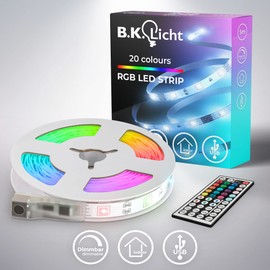 B.K.Licht - USB LED Strip 5 m with Remote Control, Colourful RGB Light, Dimmable, LED Strip, Room Decoration, Gaming Decoration, LED Strip, LED Light Strip, 500 x 0.2 x 1 cm, White