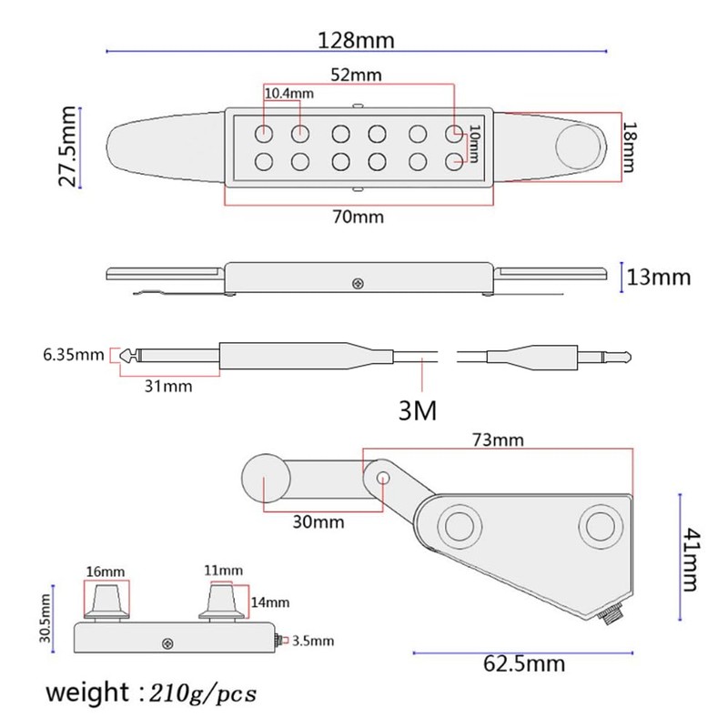 12 Sound Hole Acoustic Guitar Pickup - Magnetic Transducer with