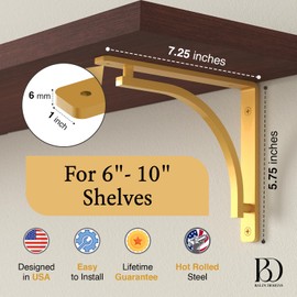 Classic Brass Heavy Duty Shelf Brackets 8 inch by Balin Designs – Gold L Bracket, Wall Mounted Support, Shelving Metal Bracket, Decorative Shelf Brackets, with Hardware Included, Set of 4