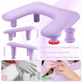Professional Nail Tech Hand Rest with Nail Mat - Height-Adjustable U-Shaped Manicure Arm Cushion, Large Microfiber PU Leather Pillow for Acrylic Nail Technicians（Purple）
