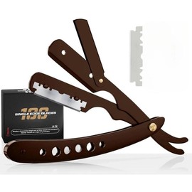 Professional Barber Straight Razor for Men – Black Straight Edge Razor with 100 Safety Blades Included:_Brown