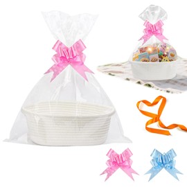 Puniama Gift Basket Hamper Kit – Empty Cotton Rope Basket for Gifts with Cellophane Bags & Pull Bows, Baby Gift Basket for Baby Shower, Wedding, Birthday, Baby Hamper Basket, White (33x24x15cm)