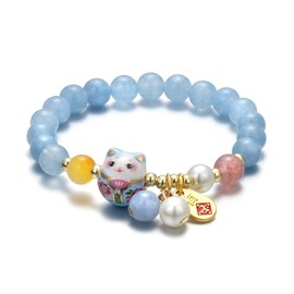 Feng Shui Lucky Cat Bracelet with Blue Crystal & Ceramic Cat Pendant