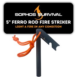 Sophos Survival Ferro Rod Fire Starter Drilled Flint and Steel Survival Tool Kit with High Visibility Paracord Lanyard and Weatherproof Striker - 5 Inches Long x 1/2 Inch Diameter