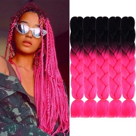 AIDUSA Ombre Braiding Hair Black to Hot Pink 5Pcs Synthetic Afro Braiding Hair Extensions 24 Inch 2 Tones for Women Twist Crochet Braids 100g(#B3 Black to Hot Pink)