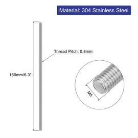 QUARKZMAN 3 Pieces Threaded Rods, M5 x 160 mm, 304 Stainless Steel, Threaded Rod with Metric Full Thread, M5-0.8 Threaded Screw for Furniture and Machine Assembly