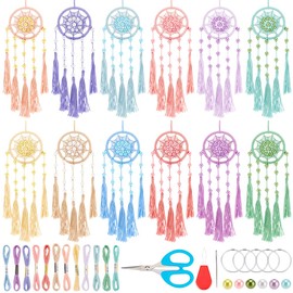 INFUNLY 12 Sets DIY Mini Dream Catcher Kit with Glass Beads Colorful Small Dream Catcher Kit with Instruction Boho Handmade Dreamcatcher Making Kit for Bag Pendant Car Mirror Charm Bedroom Decor