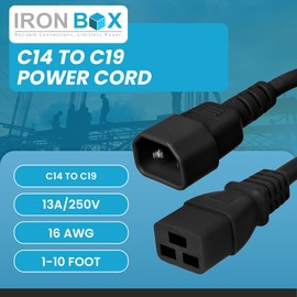 IronBox Electric C14 to C19 Power Cords - 13A, 250V, 16/3 AWG SJT - UL Listed Power Supply Cable - Heavy Duty Power Cord Extension for Computer, Monitor, PDU, Desktop, Audio and More (10 ft, Black)