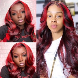 Body Wave Highlight Human Hair Wigs 1BT99J T Part Lace Front Human Hair Wig 18 Inch Curly Burgundy For Black Women Ombre Color Glueless Middle Part Pre Plucked With Baby Hair 150% Density