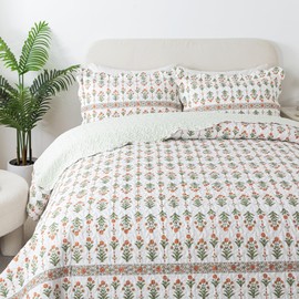 HoneiLife Queen Quilt Bedding Set - Wildflower Quilt Sets for Queen Bed,3-Piece Microfiber Bedspreads,Lightweight Coverlets Botanical Bed Cover,Floral Bedding Set All Season Quilts-Sweet Grass