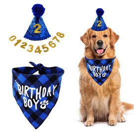 Dog Birthday Bandana Set, 3 Pieces Dog Birthday Bandana Hat with 9 Bling Numbers, Dog Birthday Hat, Dog Birthday Tie, Dog Neckerchief Bandana for Small Medium Dogs (Blue)