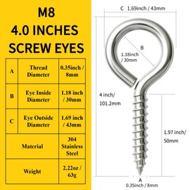2 PCS 304 Stainless Steel Screw Eye Hooks, 4 Inch Eye Bolt Screws Heavy Duty Eye Hooks Screw, Screws Bolts Load Bearing 500LBS for Hanging Hammock, Plants, Securing Cables Wire Indoor & Outdoor (2)