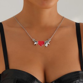 Dtexhif Black Evil Heart Bat Wings Necklace for Women Punk Demon Dragon Wing Love Red Heart Pendant Necklace Vampire Bat Necklace Jewelry for Couple (Red)