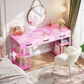 Casaottima Small Office Desk with Fabric Drawers, Computer Desk with Storage Shelves, Modern Writing Table, 48" Home Desk, Pink