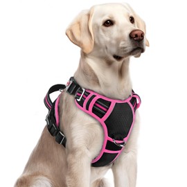 rabbitgoo Dog Harness for Large Dogs, No Pull Pet Vest with 3 Buckles, Adjustable Soft Padded Pet Harness with Easy Control Handle and Reflective Strips, Black & Rose Pink, L