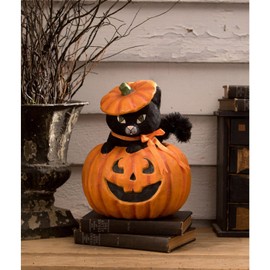 Bethany Lowe Purr-FECT Kitty Cat in Jack-O-Lantern Figurine, Paper, Black, TJ3305