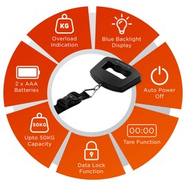 Jazooli Digital Luggage Scale with Straps, Portable Electronic Hanging Baggage Scales, Travel Scales for Weighing Suitcases and Bags Holiday Tare Function 50kg/110lb