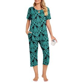 Aodemo Womens Summer Pajama Sets Keyhole Sleepwear Ladies Short Sleeve Nightwear Capri Pants Pjs Lounge with Pockets XL, Floral Blue-green