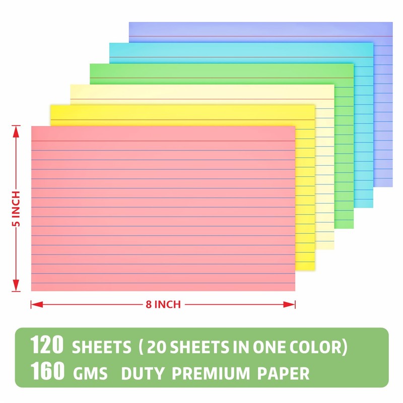 Colored Index Cards 5x8, 120 Count, 6 Color Large Index
