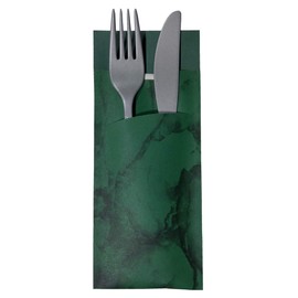 30 Cutlery Pockets with Napkin Dark Green Marbled 20 cm