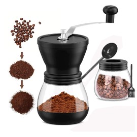 Manual Molinillo de Café Molino de Café Manual con Ajustable Cerámica Burr de Carburo | Dos Tarros de Vidrio Transparente | Mango de Acero Inoxidable y Cubierta de Silicona Molino Cafe Manual Portátil para Viajes | Camping | Trabajo | Oficina | Incluye C