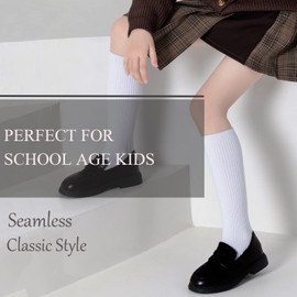 Marchare Girls Knee High Socks Kids Boys School Uniform Seamless Ribbed Cotton Socks Stockings White 3 Pack