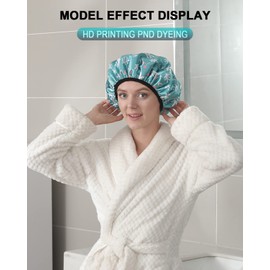 YIZIJIZI Triple Layer Large Shower Cap for Women, Waterproof Reusable Soft Bath Cap for Long Thick Hair, Washable - Green