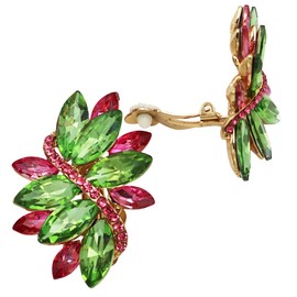 Rosemarie Collections Women's Dazzling Crystal Marquis Leaf Cluster Statement Clip On Earrings, 1.87" (Green With Pink Crystal Gold Tone)