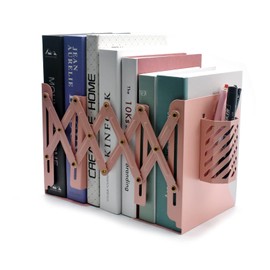 Hmseng Book Ends, Adjustable Bookends Book Holders for Shelves, Desk Magazine File Organizer Holder for Office, Books, Papers, Extends up to 19 inches.Scratch-Resistant Hand Coating-Pink