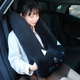 MissSoul Kids Travel Pillow for Car Seat with Hand Muff, Cartoon Neck & Headrest Seat Belt Pillow for Car Road Trips Long-Distance Travel Sleeping Pillow for Adults and Children, Black Cat