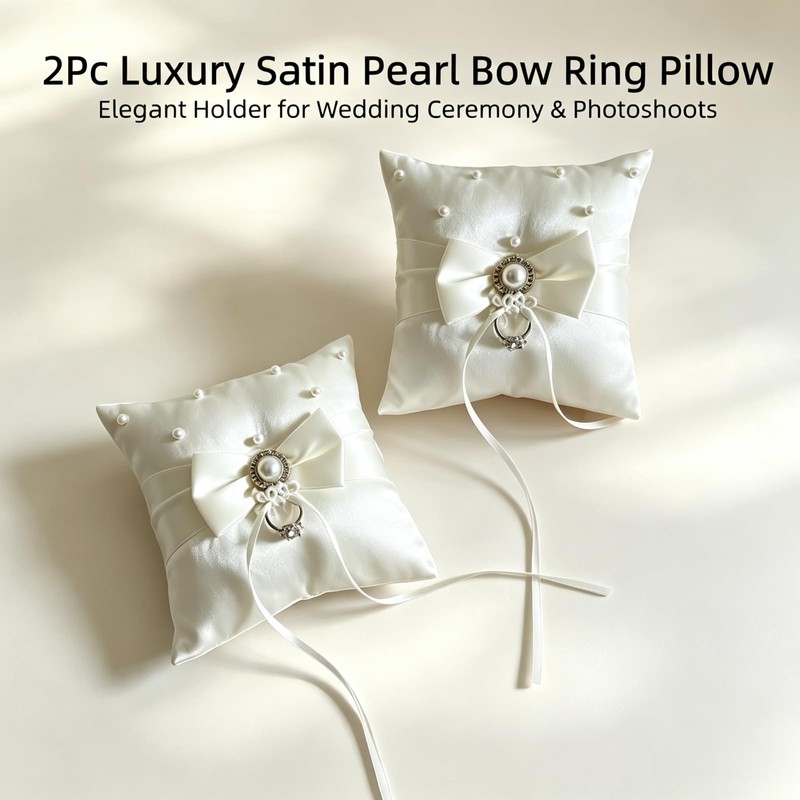 2PC Admireshun Ivory Satin Bow Ring Bearer Pillows, 5.9 Inch
