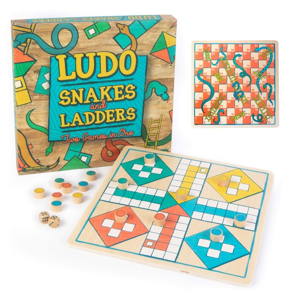Ludo + Snakes & Ladders Wooden Board Game 2-Pack - Two Game Set in One Bundle - Children's Family Pachisi Learning Dice Games for Adults & Kids - Classic 12" x 12" Two-Sided Board for 2-4 Players