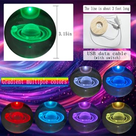 KAZETEC Saturn Crystal Ball 3.15" (80mm) with 3D Carved Saturn Model - 7-Color LED Wooden Base for Astronomy Lovers,as a Birthday Gift for Teens.