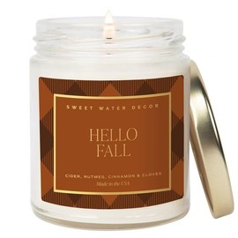 Sweet Water Decor Hello Fall Candle, Autumn Scented Notes of Cider, Cinnamon Cloves, & Nutmeg, 40+ Hour Burn Time, Non-Toxic Soy Wax Blend, Poured in the USA, Cotton Wick, 9oz Glass Jar with Gold Lid
