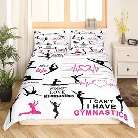 Gmnastics Girls' Duvet Cover Set, S Size, Gmnastics Lovers Bedding Set, Teens, Children, Women, Gymnastics Room Decor, Sports Dancing Comforter Cover, Fashion, White, Pink Quilt Cover, 1 Pillowcase