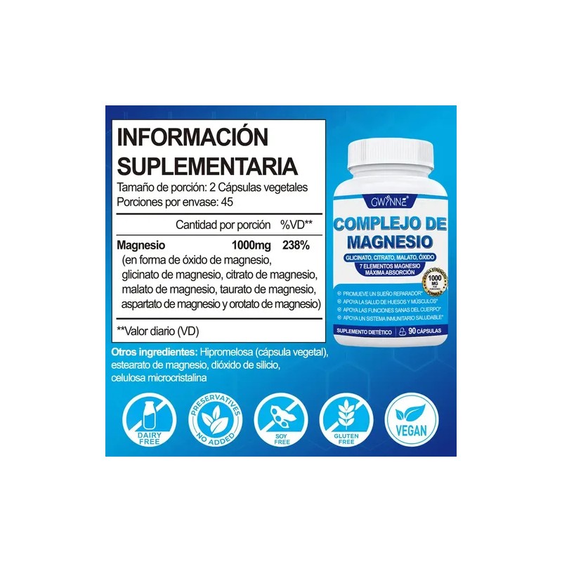 Gwynne Suplemento Complejo Magnesio Elemental 1000mg Glicinato Citrato Malato Taurato