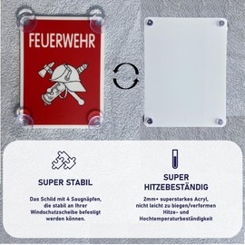 Fire Brigade Sign for Car with 4 x Suction Cups - Fire Brigade Suction Cup Sign Made of Acrylic Sign - Car Sign Gifts for Fireman Windscreen 90 x 120 mm