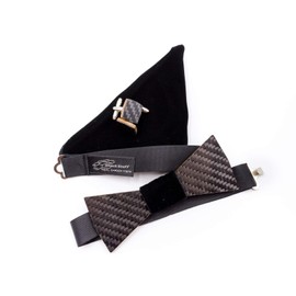 Handmade Wooden & Carbon Fiber Arrow Style Bow Tie and shirt Cufflinks, silk velvet handkerchief & decorations (Black)
