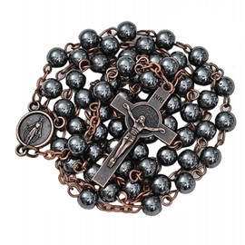 Kuesn 6mm Black Hematite Stone Beads with Antique Copper Plated St.Benedict Center Piece Medal and Crucifix Cross Catholic Rosary Necklace for Men and Women (Black)