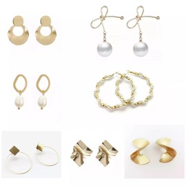 Fashion Jewelry Lot Of 7 Pieces Of Earrings Mixed Fashion Jewelry Color Gold