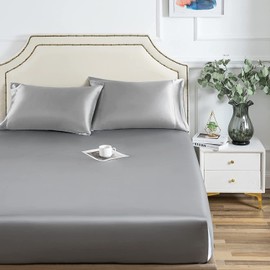Damier Satin Fitted Sheet 200 x 200 cm Grey Silk Shiny Fitted Sheet High-Quality Satin Deluxe Bed Sheet Suitable for Mattresses up to 25 cm