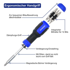 SHARDEN Multibit Screwdriver 13-in-1 Magnetic Drill Extension Screwdriver Set Multitool All in One with Torx, Slotted, Phillips, Hexagonal, Pozidriv and 1/4 Nut Wrench