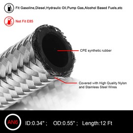12FT 6AN 3/8 Fuel Line Hose Braided Stainless Steel w/6pcs AN6 Hose Fitting Kit