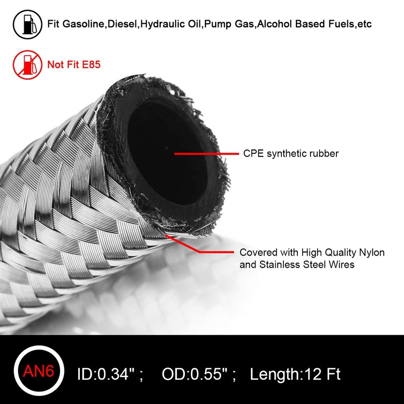 12FT 6AN 3/8 Fuel Line Hose Braided Stainless Steel w/6pcs