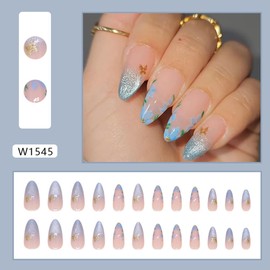24Pcs Cat Eye French Tip Press on Nails Medium Almond Fake Nails Glossy False Nails with Blue Flowers Gold Butterfly Design Full Cover Stick on Nails Acrylic Nails Glitter Artificial Nails for Women