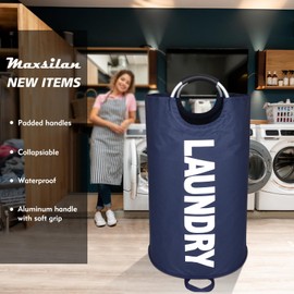Maxsilan 125L X-Large Laundry Basket, Freestanding Tall Clothes Hamper, Collapsible Laundry Bag, Dark Blue