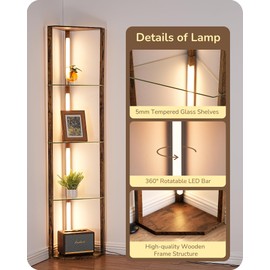 EDISHINE Corner Shelf with Light, 5-Tier Glass Display Shelf with Remote/Foot Control, 3CCT & Dimmable Corner Lamp, Open Display Cabinet, Standing Lamp for Living Room, Bedroom, Flamewood Color