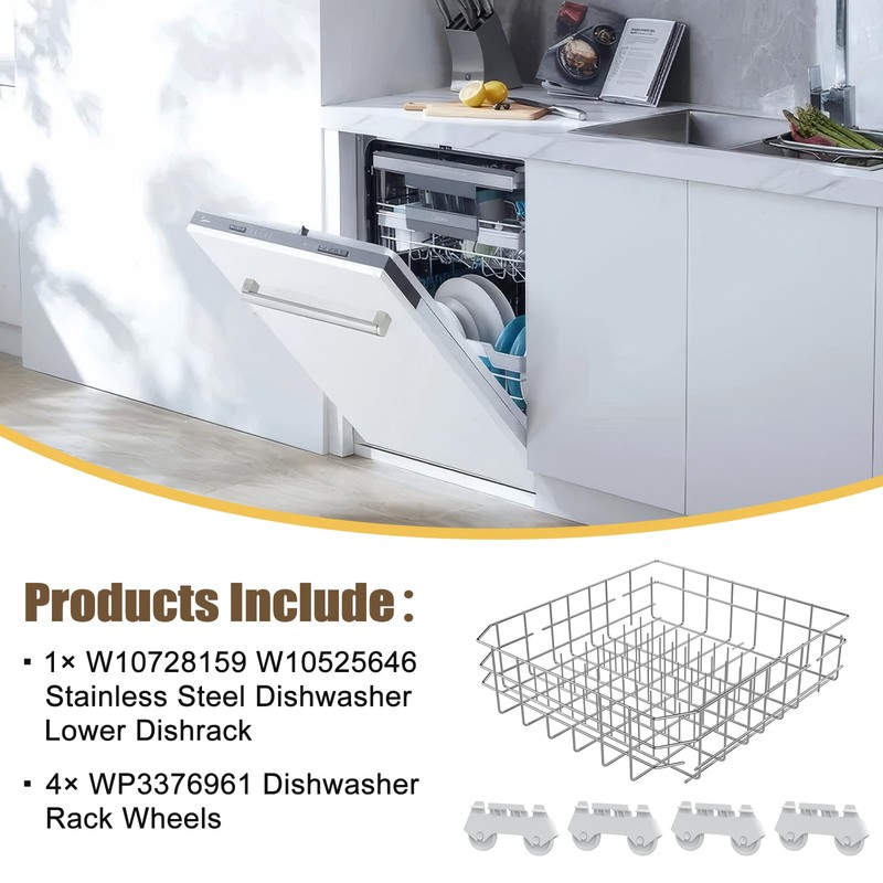 UPGRADED 304 Stainless Steel W10728159 W10525646 Dishwasher Bottom Rack Replacement
