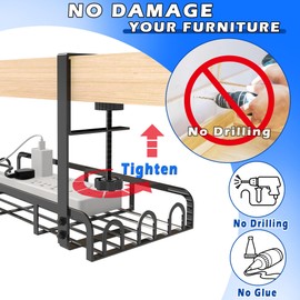 Sleclean Under Desk Cable Management Tray, Upgraded Long Arm Clamp, 16.6"x7.1" No Drill Steel Desk Cable Organizers, Cable Tray with Clamp for Desk Wire Management, Home - No Damage to Desk